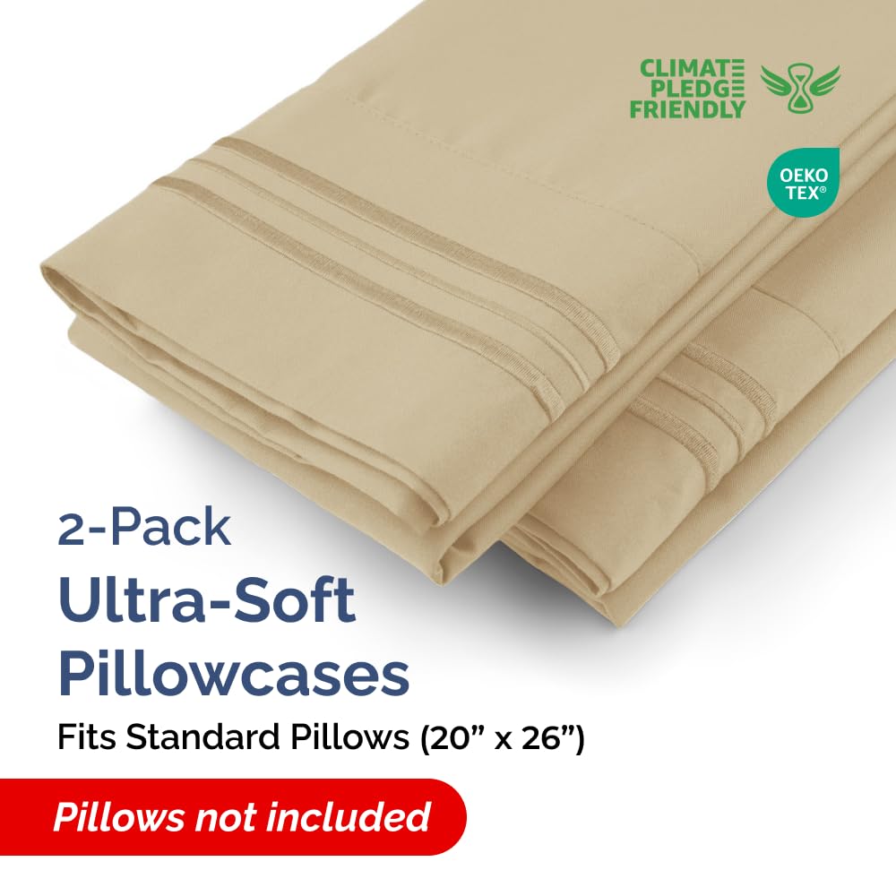 Standard Pillow Cases Set of 2 - Ultra-Soft Hotel Quality Pillowcase Covers - Comfy & Wrinkle Free - Stain and Fade Resistant - Machine Washable Pillow Protectors - 2 Piece Set - Standard Size Beige