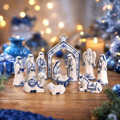 Chinoiserie Blue and White Wooden Nativity Set - 13 Pieces Mini Manger Decor