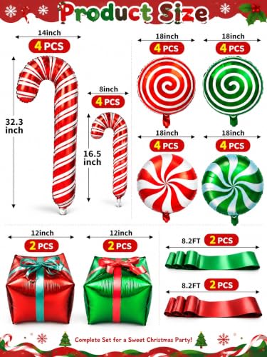 HTZNHXT 64Pcs Christmas Foil Candy Cane Balloon Kit - Mylar Holiday Decor