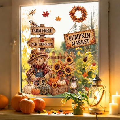 Fall Window Clings Set - Harvest Decor with Pumpkin Truck & Scarecrows