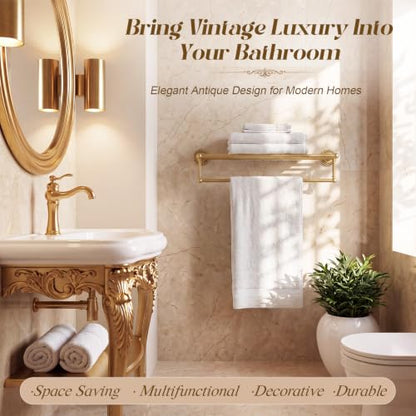 24-Inch Victorian Style Brass Foldable Towel Rack with Hooks - Gold