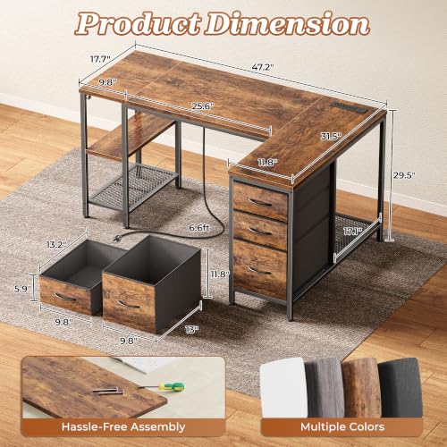 Rustic Brown 47.2-Inch L-Shaped Office Desk with Power Outlets and 3 Drawers