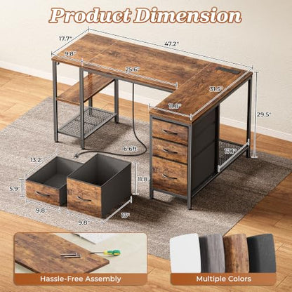 Rustic Brown 47.2-Inch L-Shaped Office Desk with Power Outlets and 3 Drawers