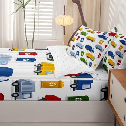 Kids Garbage Truck Comforter Set Twin with Zipper Bedding and Pillowcases - Cloud White & Traffic Palette