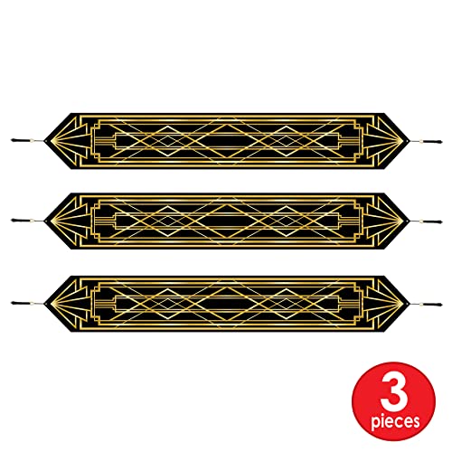 3 Pack Art Deco Black and Gold Printed Table Runners - 11" x 6' for Vintage Parties