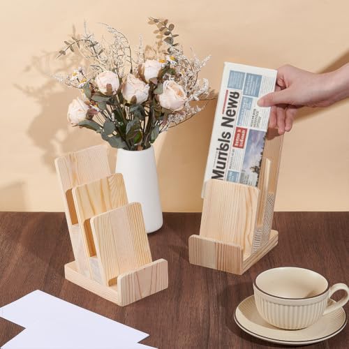 Wooden Brochure Holder Set 2 Pack 3-Tier Desk Literature Racks - Moccasin Finish, 13.3x8.95x19cm