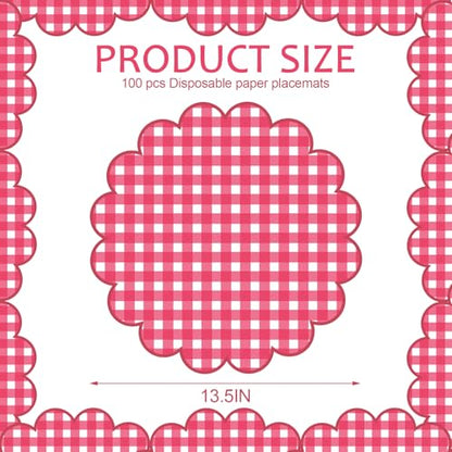 Red Gingham Checkered Paper Placemats - 13.5 Inch Disposable Table Mats for Summer Picnic & Party