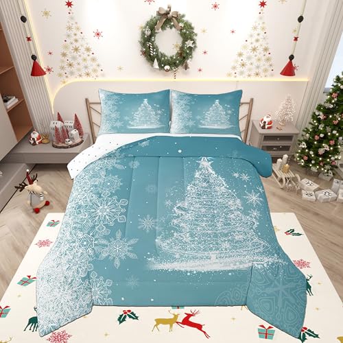 Queen Size Christmas Comforter Set with Glitter Xmas Trees & Stars - Blue Shiny Holiday Bedding with Pillowcases - Variation 07