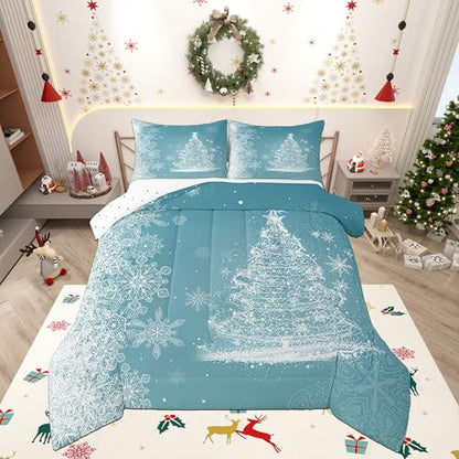 Queen Size Christmas Comforter Set with Glitter Xmas Trees & Stars - Blue Shiny Holiday Bedding with Pillowcases - Variation 07