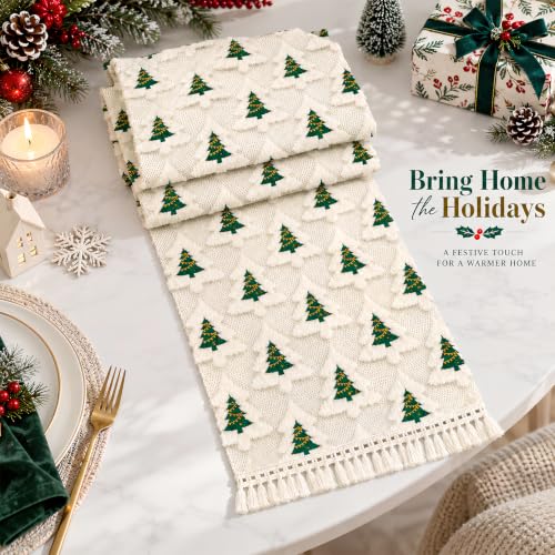 Christmas Table Runner 13x72 Inch with Tassels and Festive Tree Design - Soft Plush, Holiday Decor