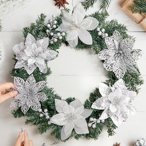 Artificial Christmas Poinsettia Flowers with Glitter - Silver, 30 pcs