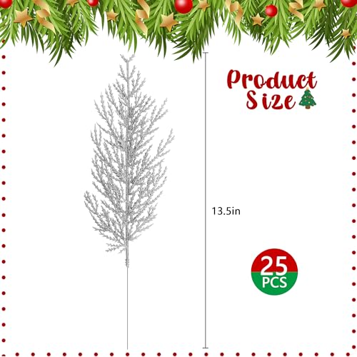 Artificial Pine Branches with Silver Glitter - 25 Pcs 13.5" Christmas Wreath Decor