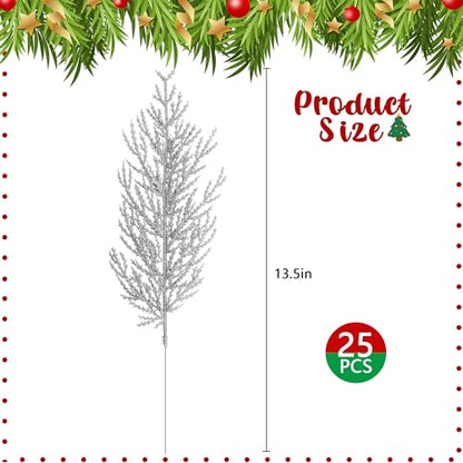 Artificial Pine Branches with Silver Glitter - 25 Pcs 13.5" Christmas Wreath Decor