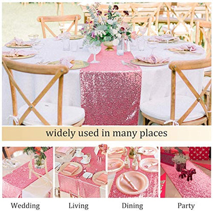 Pink Sequin Table Runner 2 Pack - 12x108 Inch Glitter Fabric for Weddings & Parties
