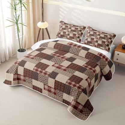 Burgundy Brown Patchwork Quilted Bedspread Set - Full Size