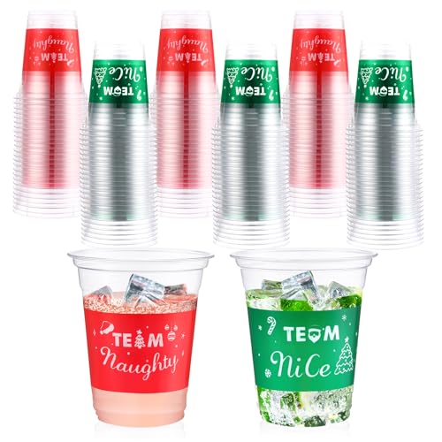 50 Pcs Christmas Disposable Plastic Cups 12 oz Naughty or Nice Team Design