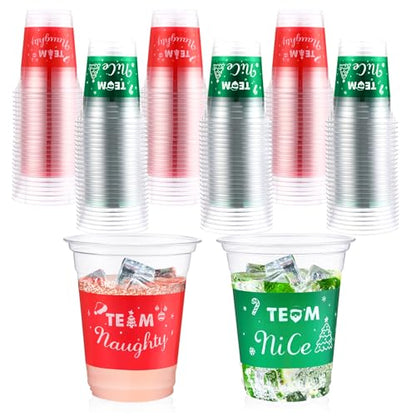 50 Pcs Christmas Disposable Plastic Cups 12 oz Naughty or Nice Team Design