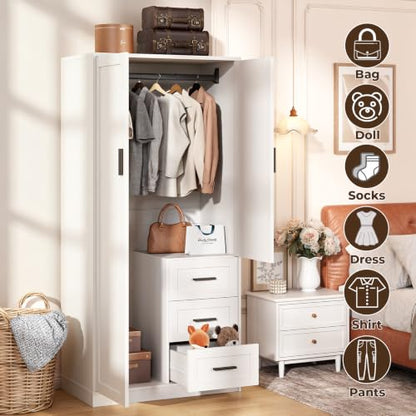 White Wardrobe Closet with Doors, 3 Drawers & Hanging Rod - Armoire 66.5'' H x 31.5'' W x 18.1'' D