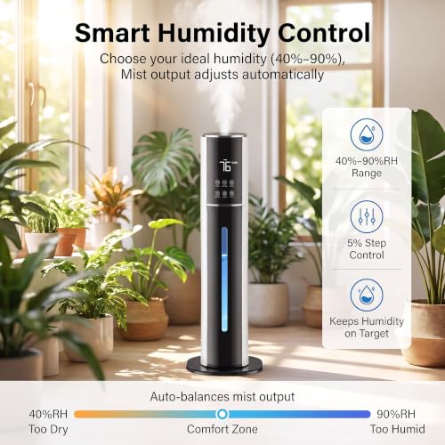 White Large Room Humidifier 2.38Gal/9L Cool Mist with Remote & Essential Oil Tray