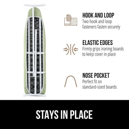 GORILLA GRIP The Original Ironing Board Cover and Pad, Silicone Coating, 400°F Scorch Resistant Thick Padding, Heavy Duty Iron Covers Standard Boards, Hook and Loop Fastener Strap, Sage 15x54