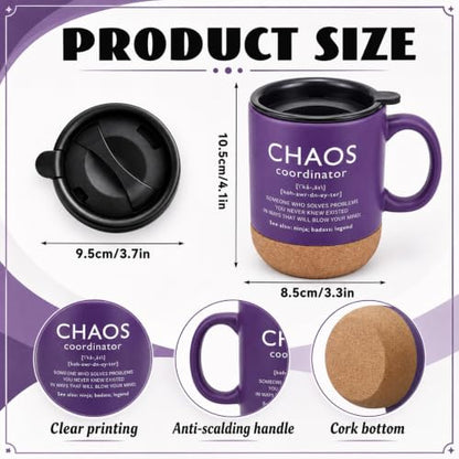 Purple Ceramic Mug with Lid and Cork Bottom - Chaos Coordinator Gift Set (3 Pieces)