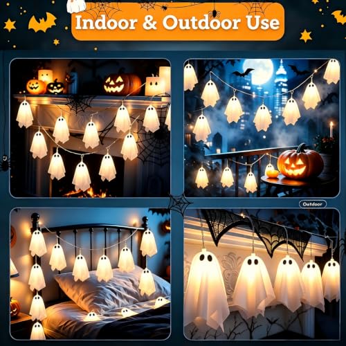 Outdoor Solar Ghost Halloween Decorations - White, 10 String Lights, Weather-Resistant