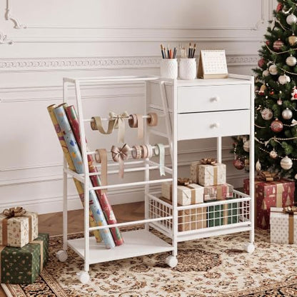 Garvee White 3-Tier Gift Wrap Storage Cart with 2 Drawers - Mobile Organizer