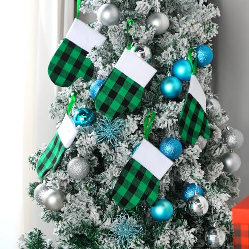 Mini Hanging Christmas Stockings Set - Green Black Plaid & White Trim, 12 Pack