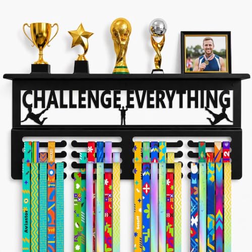 Black Medal Hanger Display & Trophy Shelf, 16 Inch, 4 Rows, Holds 60+ Medals