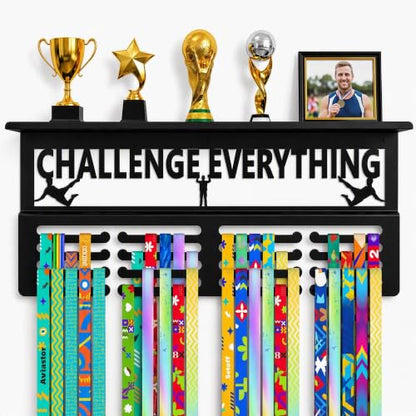 Black Medal Hanger Display & Trophy Shelf, 16 Inch, 4 Rows, Holds 60+ Medals