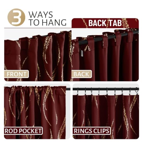 Yakamok Burgundy Gold Wave Line Dots Light Blocking Curtains 38x63 Inches Pair with Back Tab
