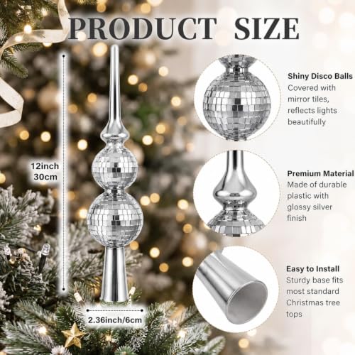Civaner 12 Inch Christmas Tree Topper Disco Style Mirror Finial - Vintage Silver Ornament
