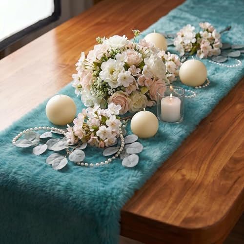 Teal Blue Faux Fur Table Runner 11.8 x 70.9 Inches Fluffy Shaggy Decor