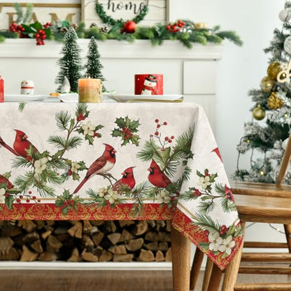 Christmas Tablecloth 60 x 84 Inch Rectangular Red & Green Cardinal Bird