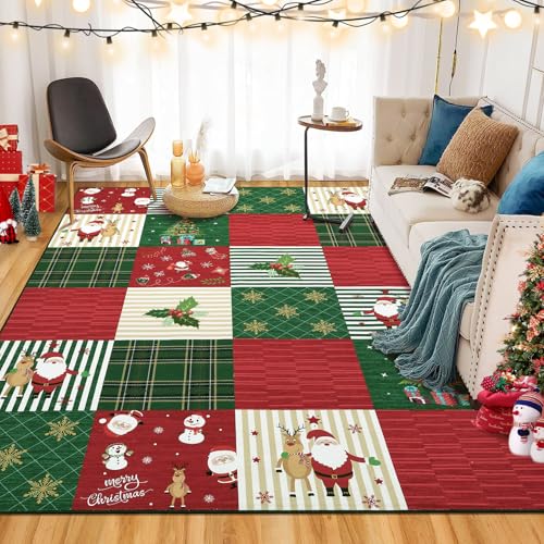 4x6 Washable Christmas Rug - Soft Non-Slip Holiday Area Rug with Elk & Santa Design - Red/Green