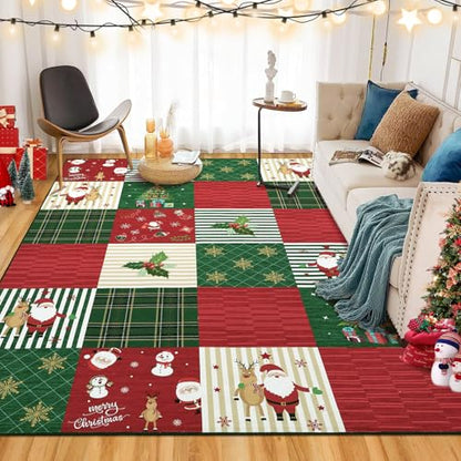 4x6 Washable Christmas Rug - Soft Non-Slip Holiday Area Rug with Elk & Santa Design - Red/Green
