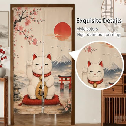 Japanese Lucky Cat Noren Doorway Curtain with Mount Fuji and Cherry Blossom - Red, 33.5 x 59 inches