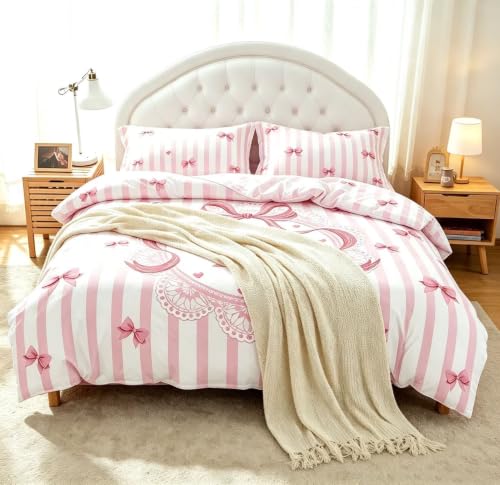 Pink Duvet Cover Set for Girls Teens Bow Initial Queen Size - Soft & Durable Bedding