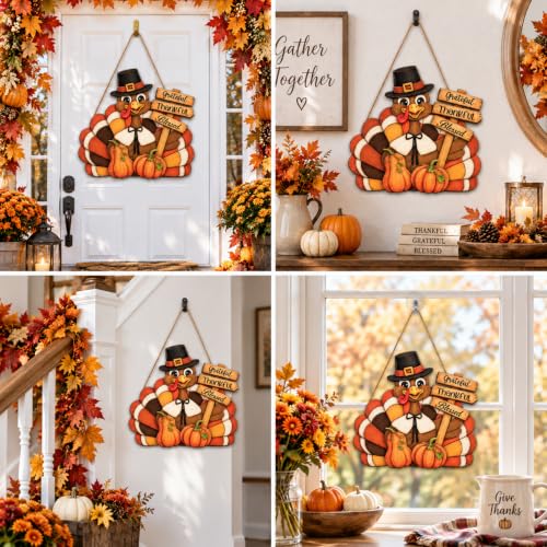 Thanksgiving Turkey Wood Sign - Thankful Pumpkin Front Door Wreath Decor