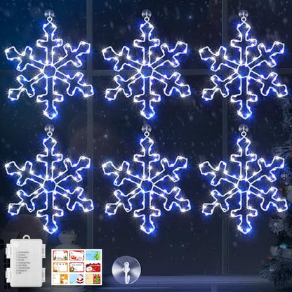 Christmas Snowflake Window Lights 6 Pack Blue White LED Decor with 8 Modes