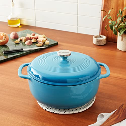 Lodge 6 Quart Enameled Cast Iron Dutch Oven with Lid – Dual Handles – Oven Safe up to 500° F or on Stovetop - Use to Marinate, Cook, Bake, Refrigerate and Serve – Cornflower Blue