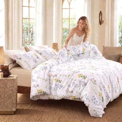 Multi Color Floral Duvet Cover Set King Size - Wildflower Cotton Bedding