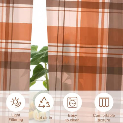 Semi Sheer Curtains 52 x 63 Inches Set with Orange, Brown, Cream Checks - Window Drapes for Living Room Bedroom