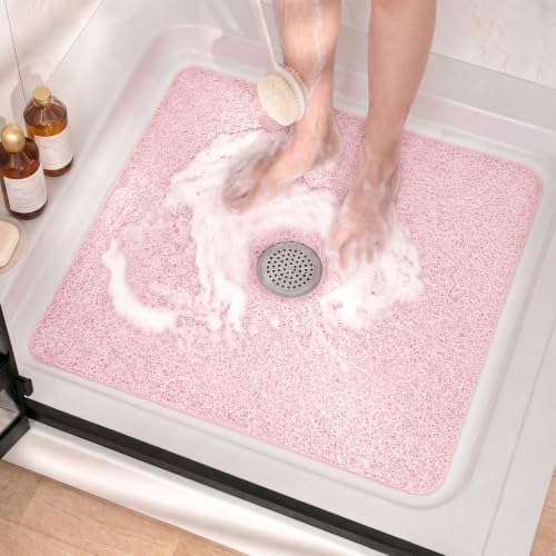 Pink Non Slip Shower Mat 24x24 Inch Square Loofah Bathmat with Drain Hole
