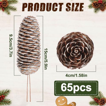 Christmas Pine Cones Picks with Snow - 65 Large Natural Decorations - Snowy Winter Decor Variation of Snow