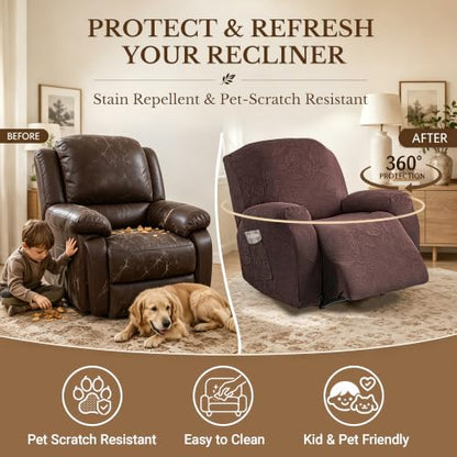 Dark Coffee Recliner Chair Cover 24-33in Stretch Washable 4-Piece Set