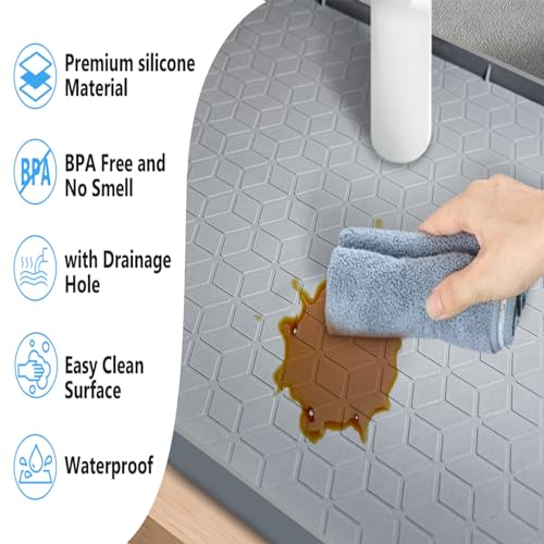 Under Sink Mat for Kitchen Waterproof, 34" x 22" Silicone Under Sink Tray with Drain Hole, Sink Protectors for Kitchen Cabinet Liner, Up to 3.3 Gallons Liquid Drip Tray (Grey, 34'' x 22'')