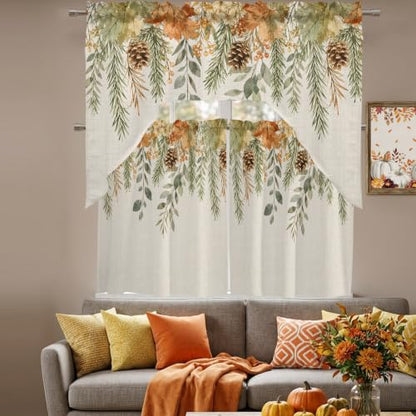 Fall Leaf Swag Kitchen Curtains Set - Beige, Sage Green, Cinnamon, Flax - 3 Pieces
