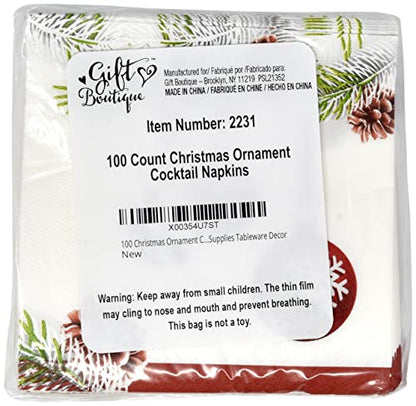 Christmas Ornament Cocktail Napkins - 100 3-Ply Disposable Party Paper - Gift Boutique