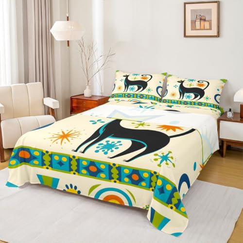 Queen Size Black Cat Bedding Set with Colorful Star Dots - 4Pcs Kids & Adults Bed Sheets